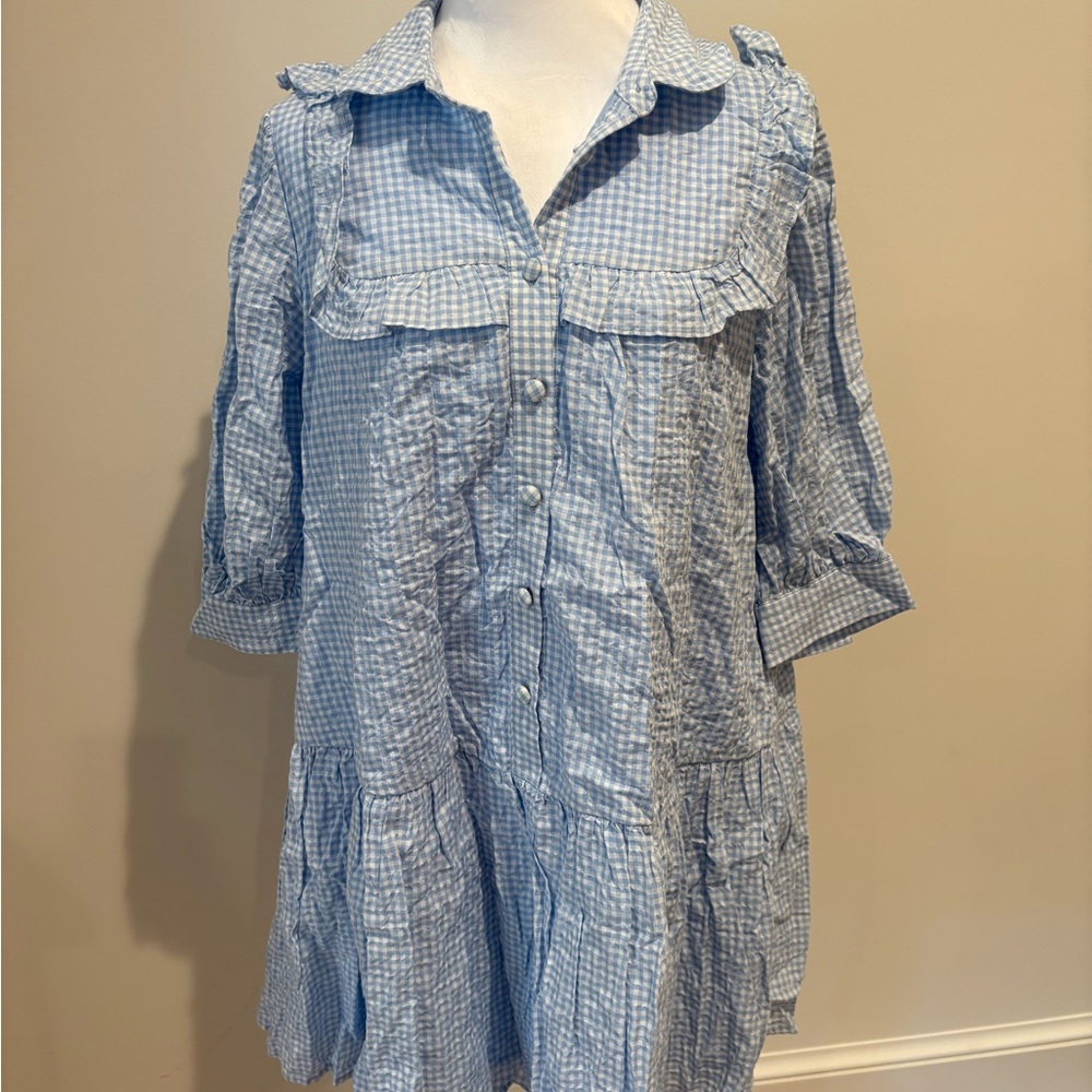 Blue Gingham Ruffle Mini Dress